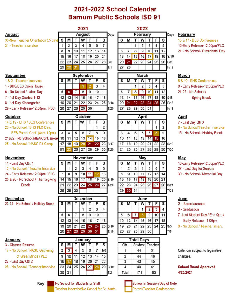School Calendar Barnum Public Schools ISD 91