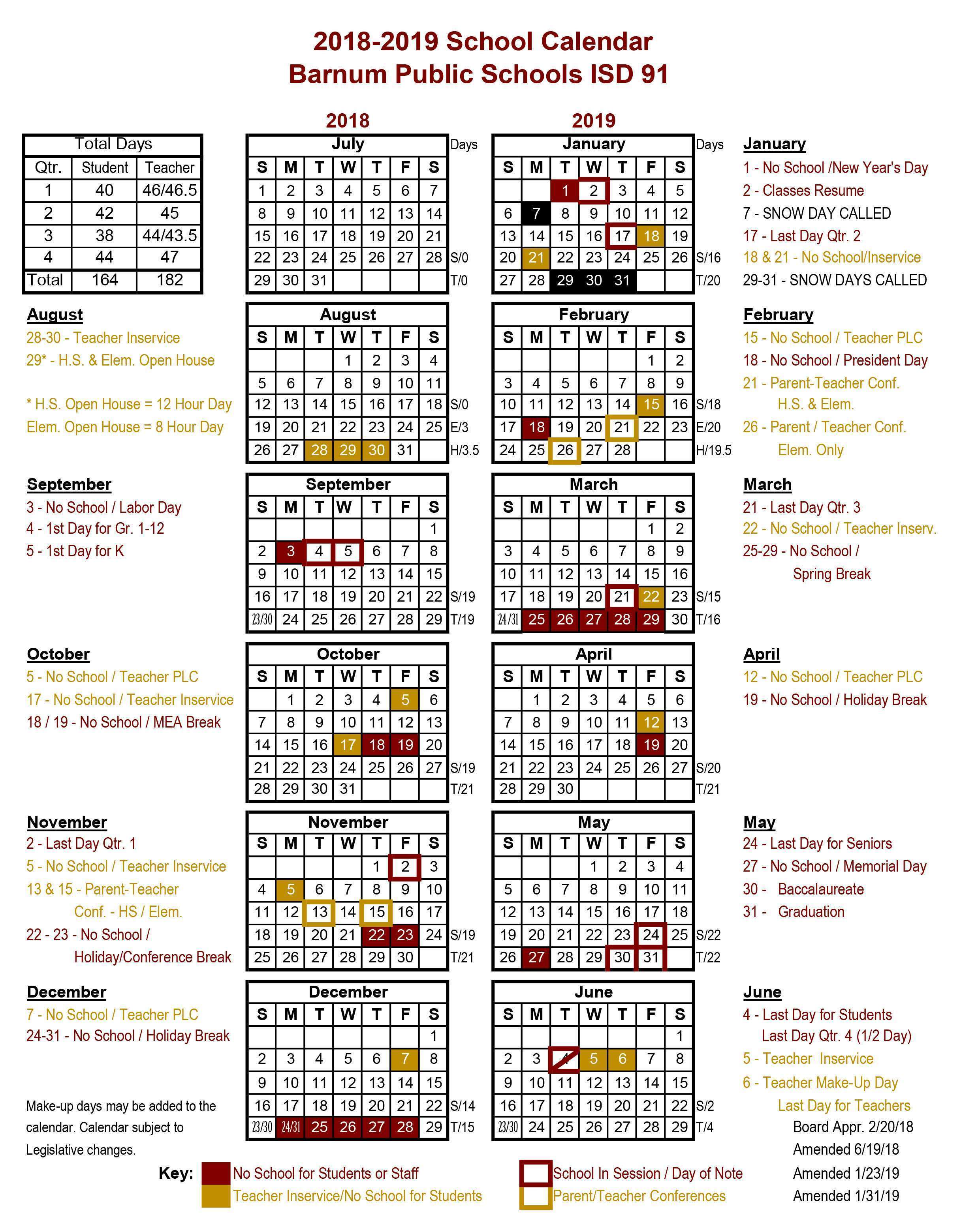 School Calendar – Barnum Public Schools – ISD 91