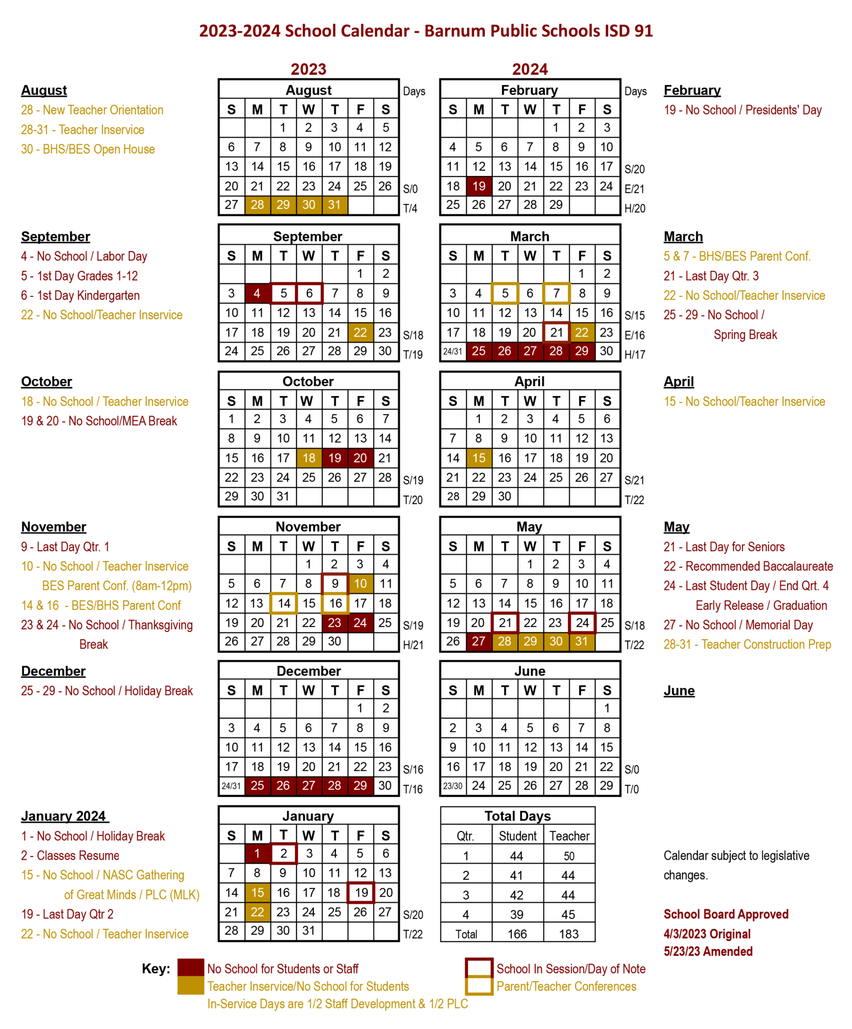 School Calendar Barnum Public Schools ISD 91