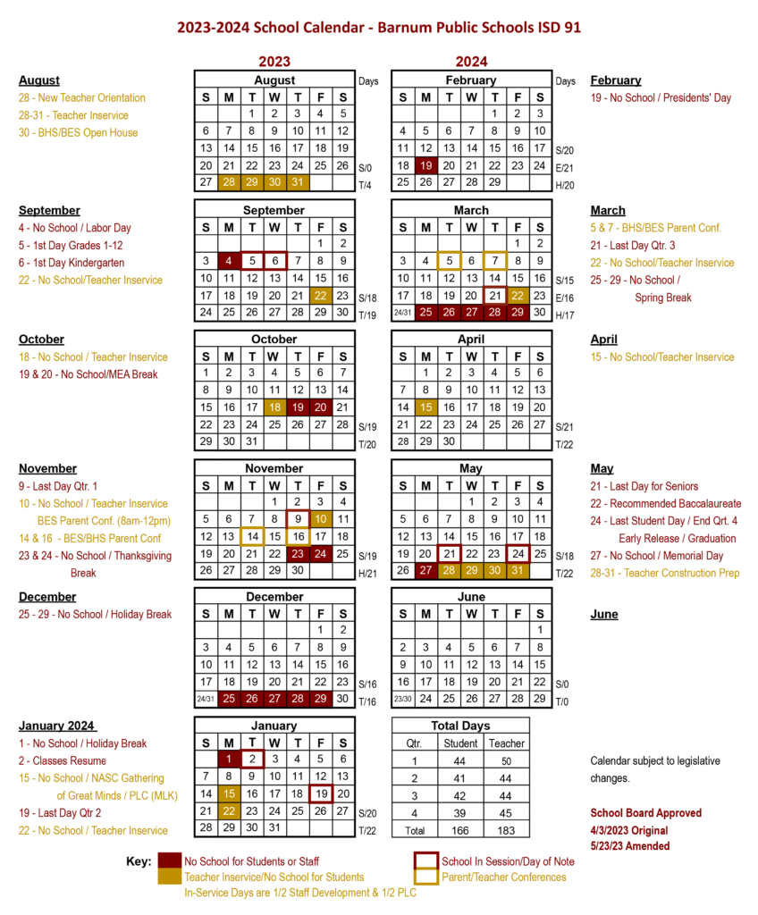 School Calendar – Barnum Public Schools – ISD 91