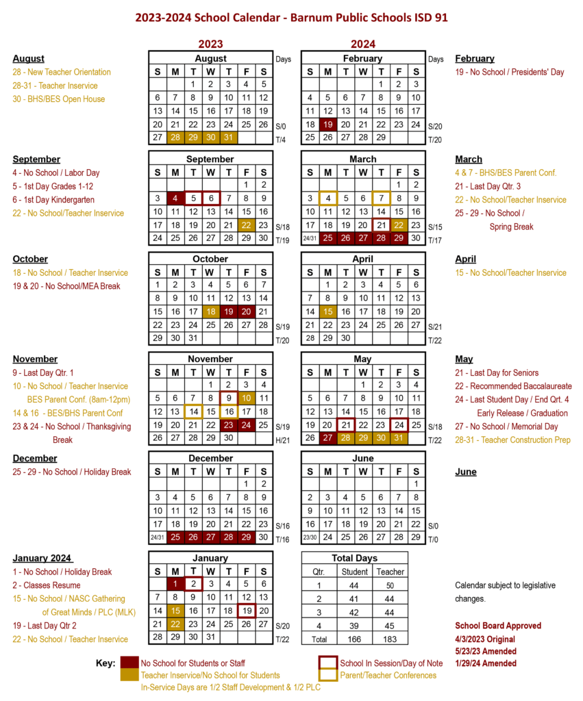 School Calendar Barnum Public Schools ISD 91